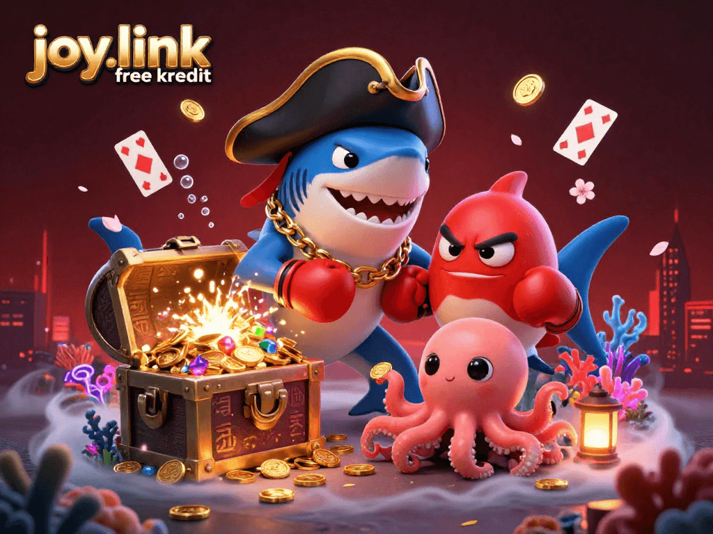 Spin and win big with joy.link free kredit in this vibrant 3D casino illustration with colorful characters.