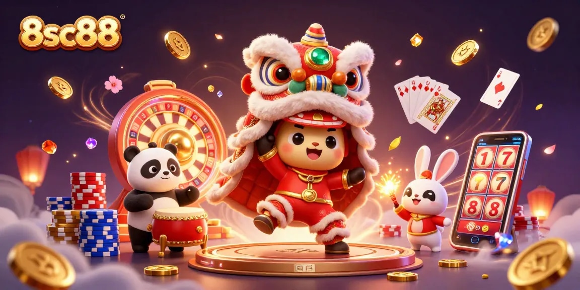 Experience exciting gameplay at 8sc88 with vibrant scenes of a lion dance, coins, and lively casino elements.