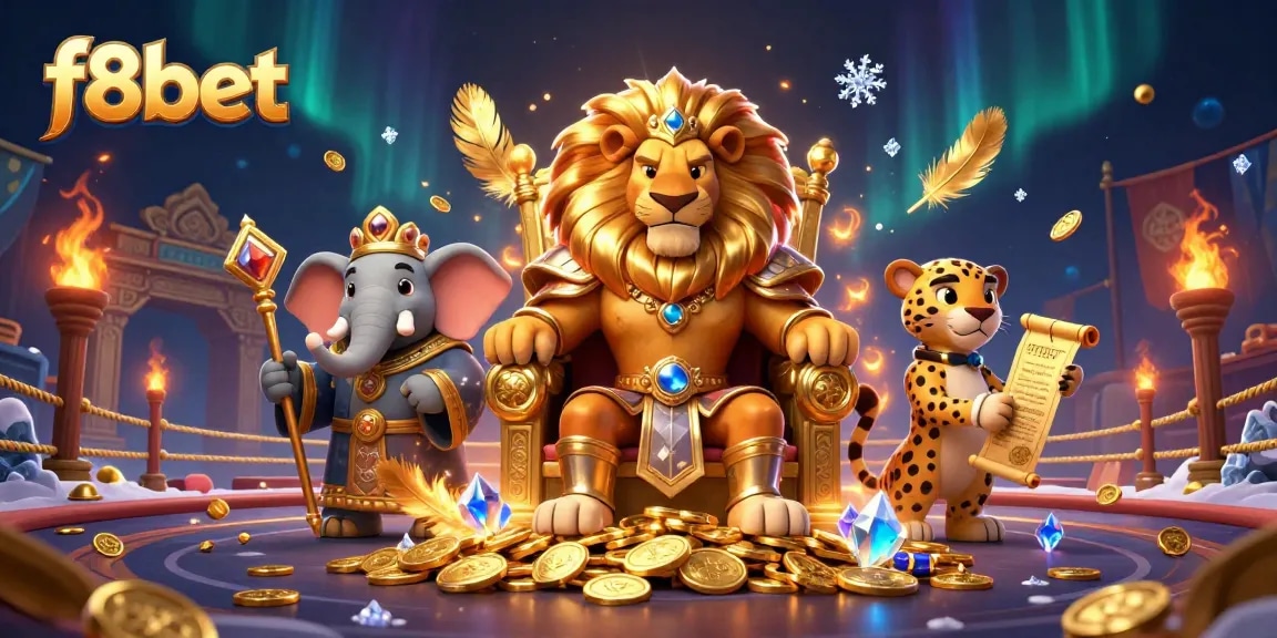 Engage with f8bet in a dynamic casino setting featuring a lion king, elephant advisor, and cheetah messenger.