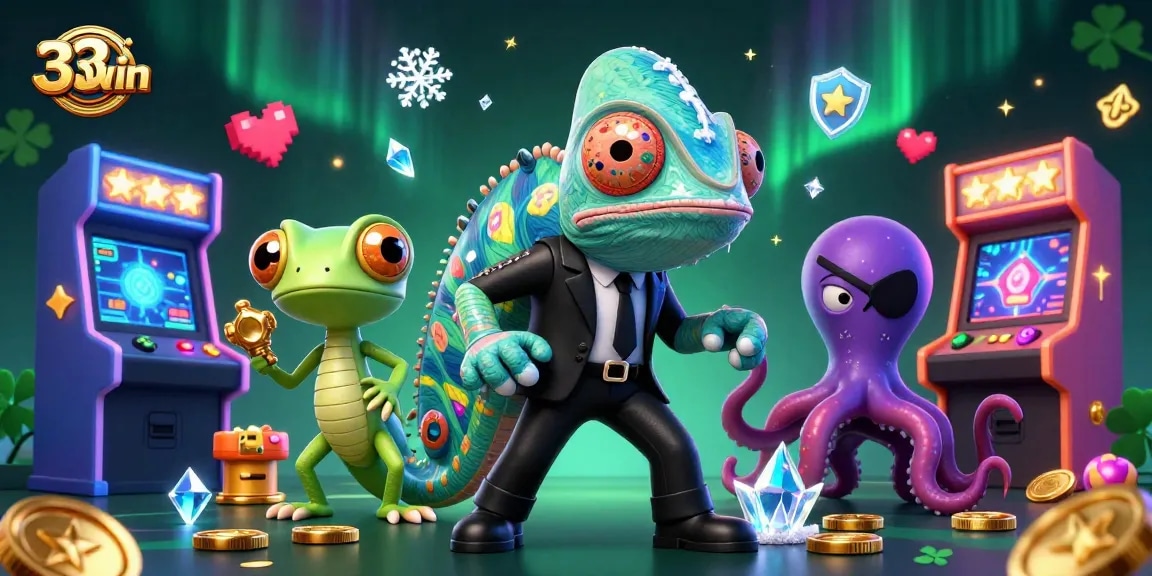 Experience the thrill of 33win with vibrant game elements and playful characters in a dynamic casino scene.