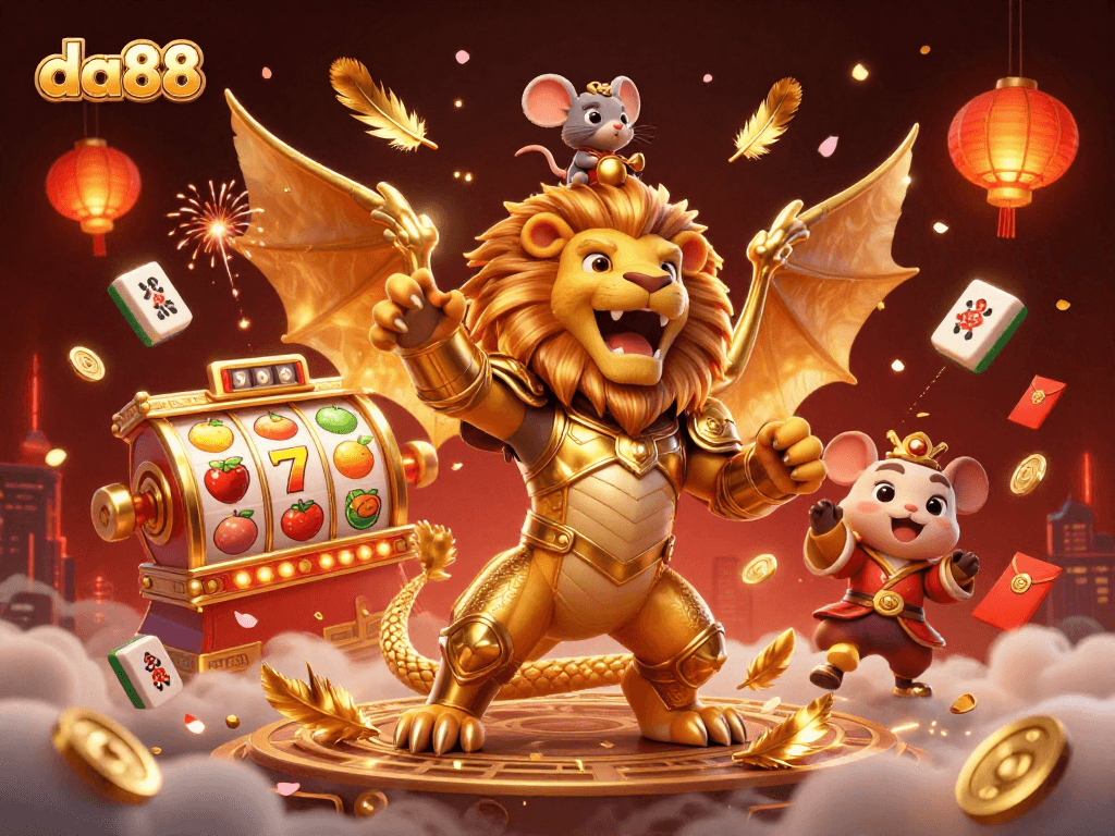 Experience da88's vibrant casino world with a triumphant chimera and exciting game elements.