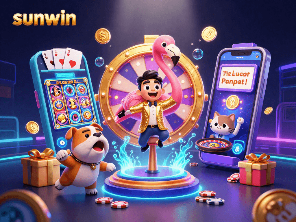 Engage with the thrilling atmosphere at sunwin, featuring a game show host, excited bulldog contestant, and vibrant casino visuals.