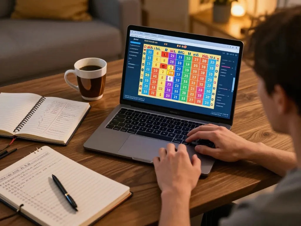 Engaging in đánh lô online strategies while using a laptop, showcasing colorful lottery numbers
