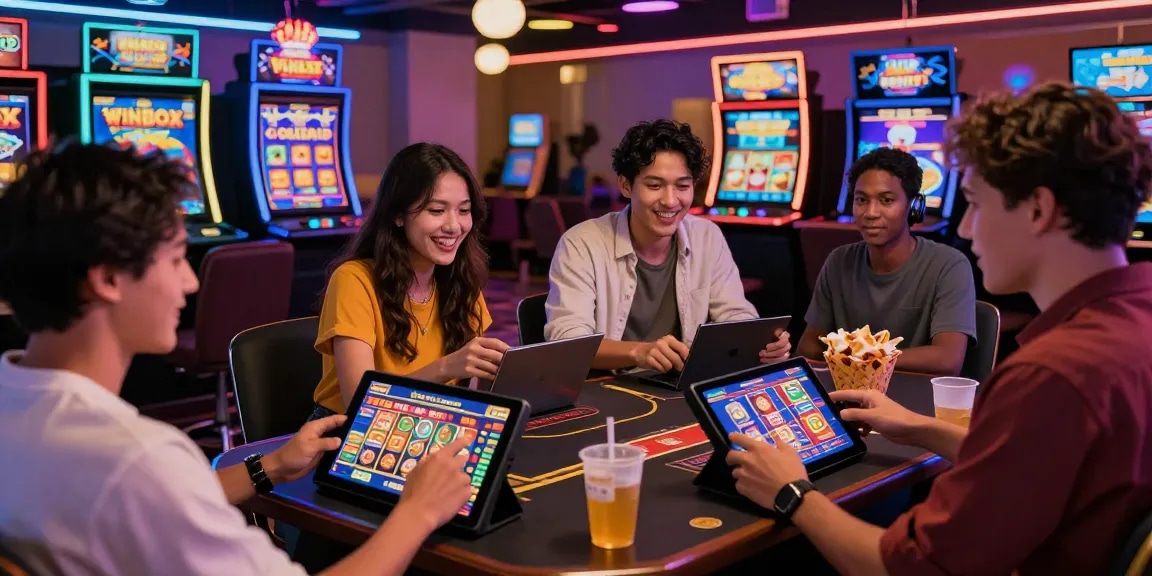 Friends enjoying Winbox Malaysia online casino games on mobile devices in a vibrant atmosphere