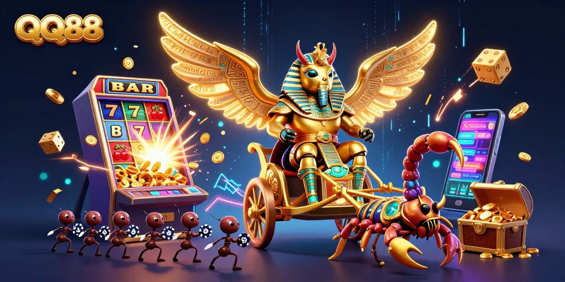 Play and win big at QQ88 with immersive 3D casino action featuring vibrant characters and dynamic symbols.