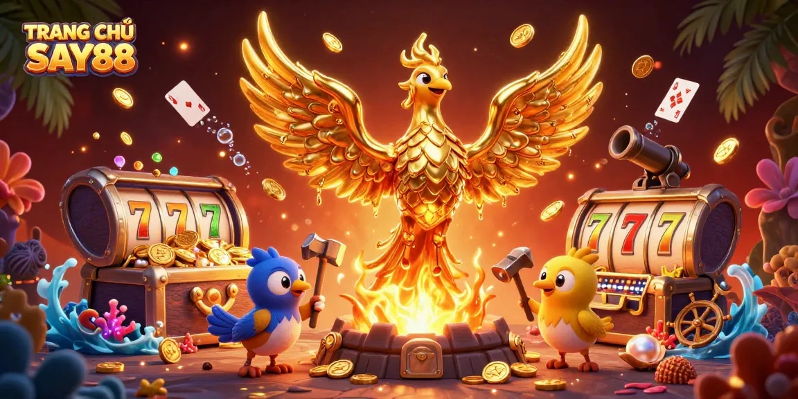 Experience the excitement of TRANG CHỦ SAY88 with a dynamic illustration of gaming rewards and vibrant elements.