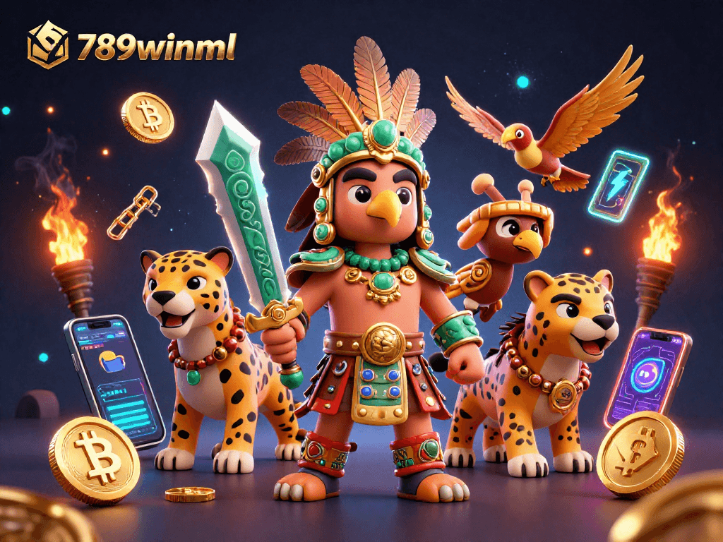 Immerse in action at 789winml with Aztec warriors and glowing crypto elements for an epic casino experience.