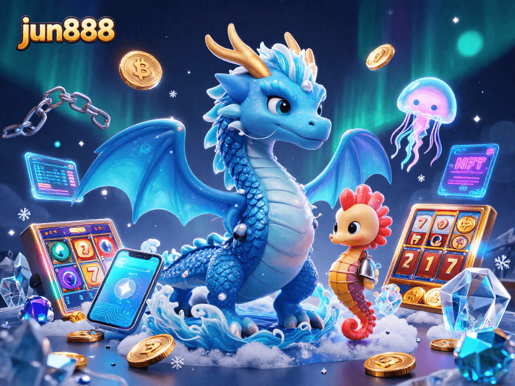 Spin to win with jun888's vibrant slot games featuring a majestic dragon and dazzling coins.