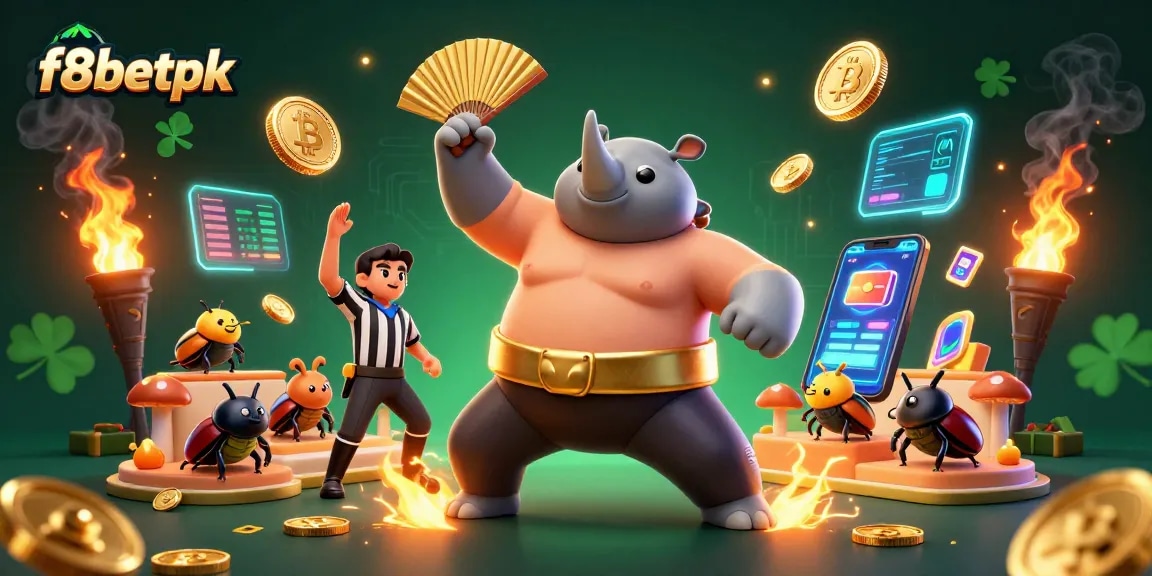 f8betpk showcases a fierce beetle sumo champion amidst a dynamic crypto casino scene.