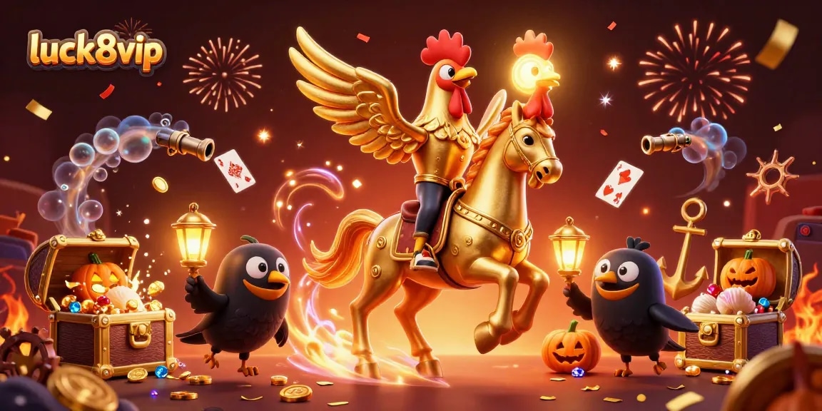 Engage in thrilling gameplay at luck8vip with vibrant golden rooster characters in a magical casino setting.