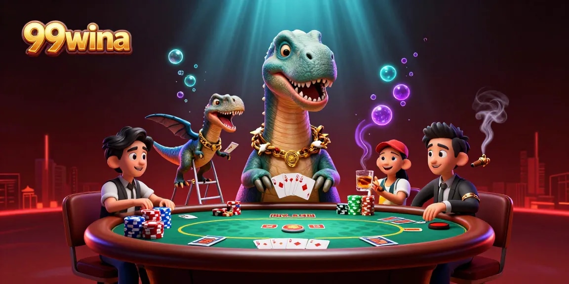 Gamble strategically at 99wina with an exciting poker game setting featuring vibrant characters and casino atmosphere