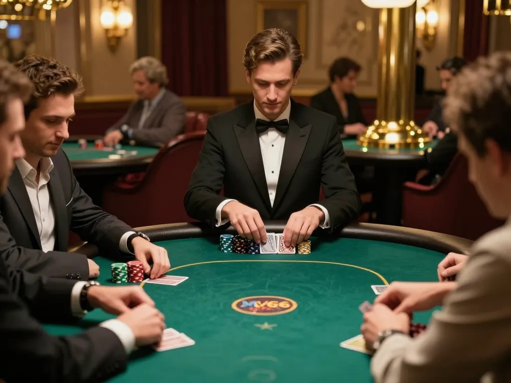 Players engaging in a thrilling poker game at Nhà cái mv66's upscale casino, showcasing strategic gameplay.