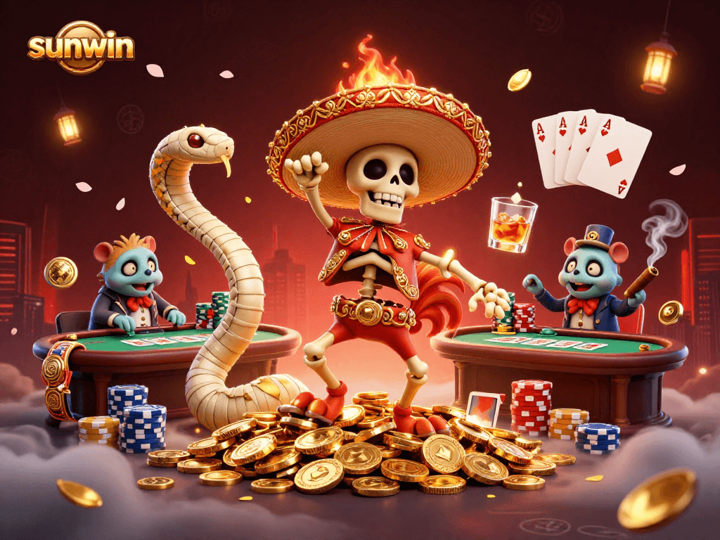 Engage with sunwin's thrilling casino scene featuring a mariachi rooster on coins.