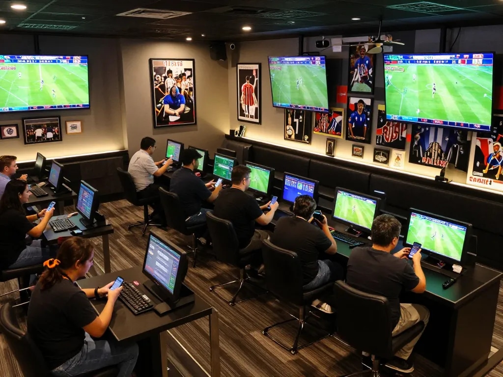 Patrons excitedly placing bets at a modern sports betting lounge while tracking kèo nhà cái hôm nay on screens