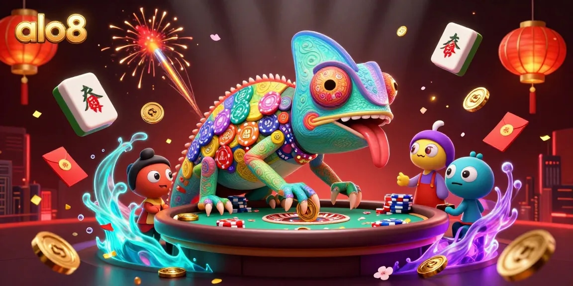Experience the excitement of alo8 with a vibrant 3D casino scene filled with treasures and action.