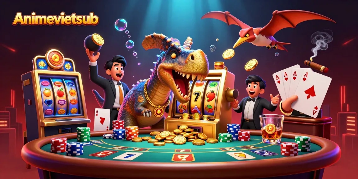 Experience thrilling gaming action with Animevietsub’s animated casino scene featuring colorful slots and playful dinosaurs.
