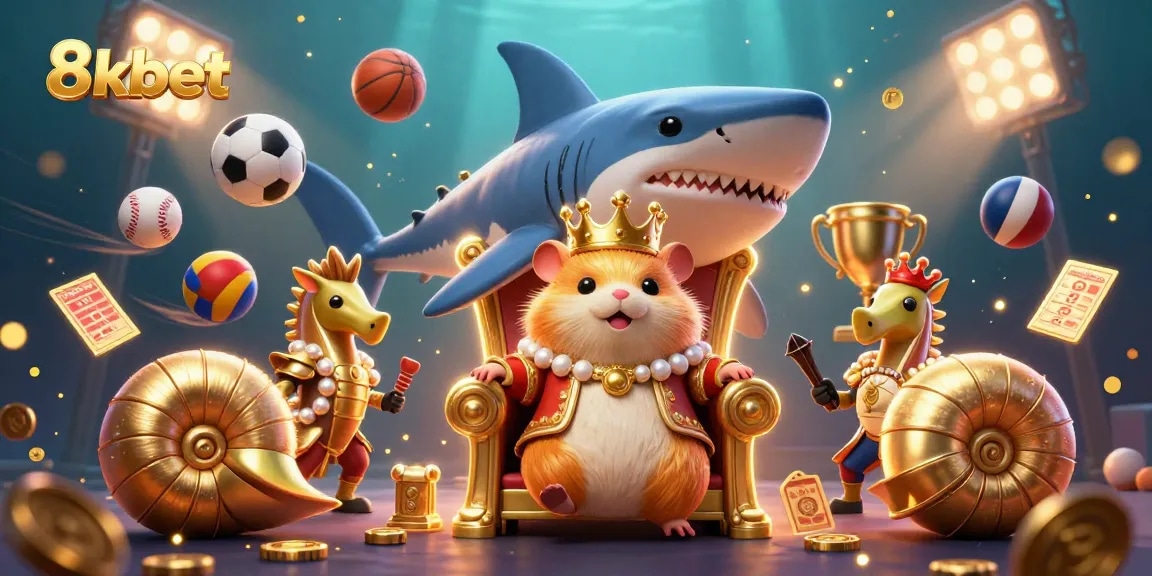 Experience the thrill of 8kbet with dynamic sports elements and a whimsical underwater scene featuring a hamster king.