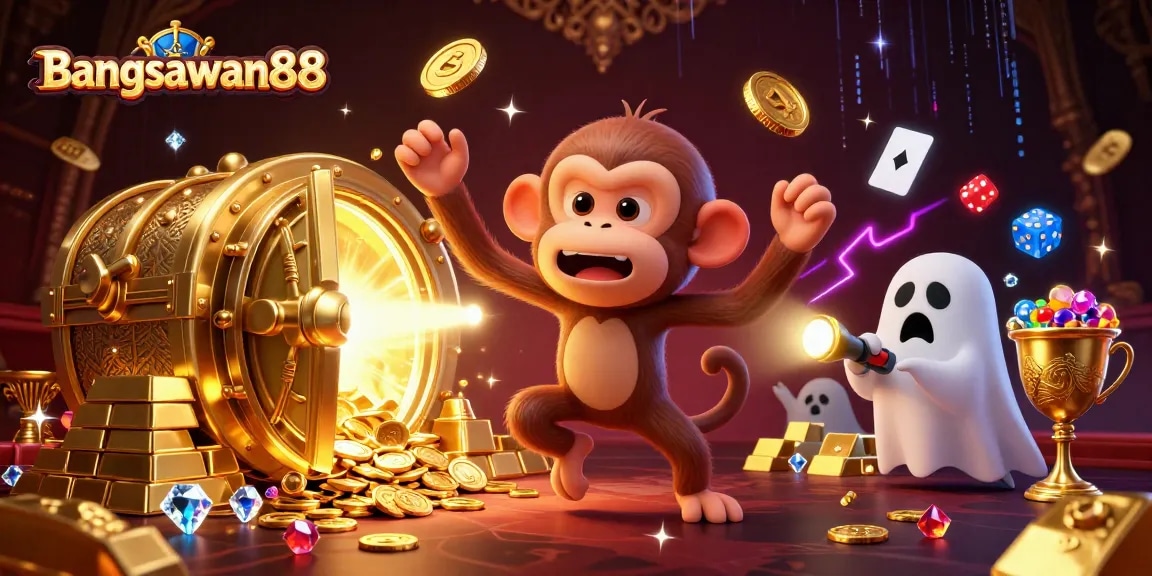 Bangsawan88 showcases an exciting casino adventure with golden treasures, a playful monkey, and a curious puppy exploring rich winnings.