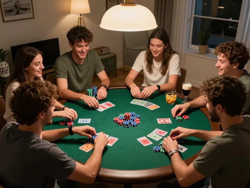 Engaging poker night with friends showcasing kèo nhà cái strategies and colorful chips