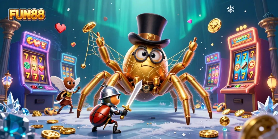 Experience the excitement of FUN88's gaming with a vibrant illustration of a golden tarantula and beetle knight.