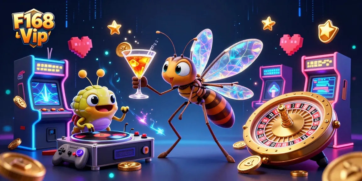 Engage in thrilling casino action with F168 Vip, featuring unique characters in a vibrant gaming scene.