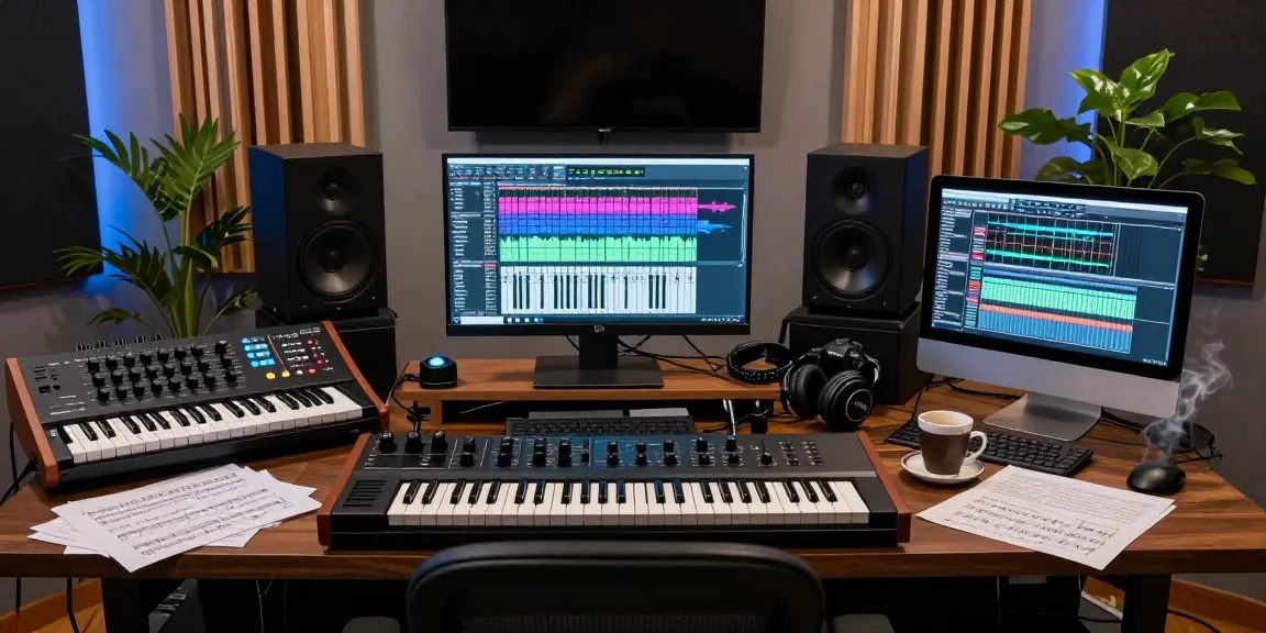 Musician using SC88 sound module in a modern music studio for creative production.