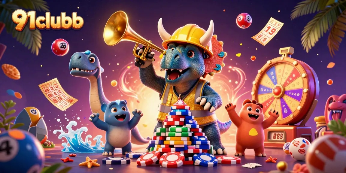 Engage with 91clubb as a vibrant cartoon scene unfolds at a lively gaming event.