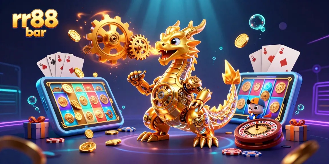 Experience thrilling slots and games at rr88 bar with a golden dragon and vibrant casino elements.
