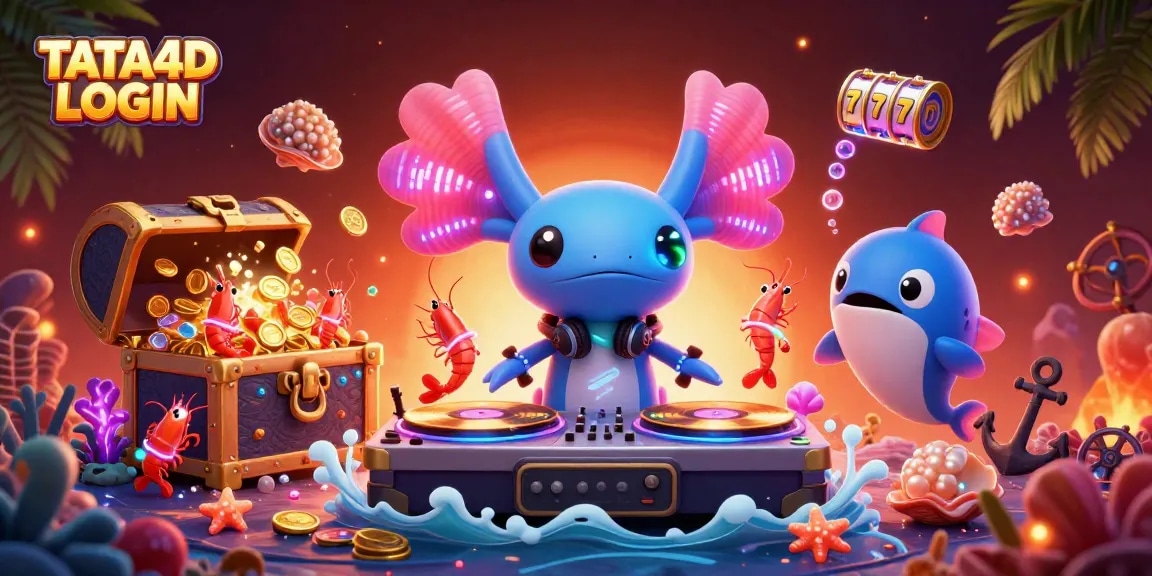 TATA4D LOGIN celebrates excitement with a vibrant 3D casino-themed illustration featuring a DJ and lively sea creatures.