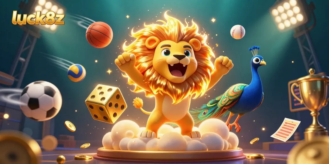 Immerse in luck8z's vibrant casino experience with a roaring lion, golden dice, and dynamic sports elements