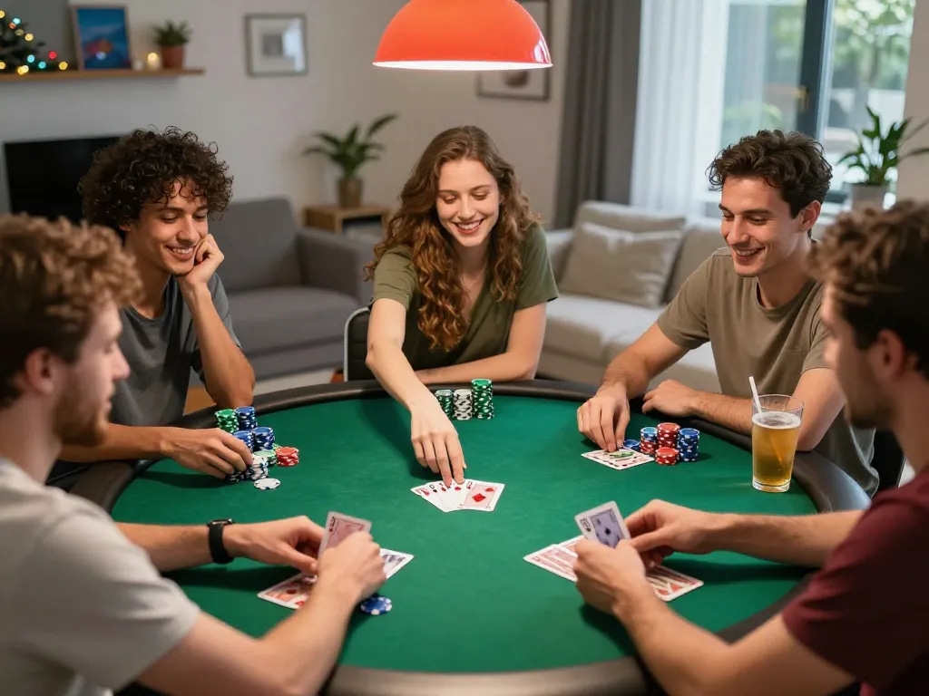 Friends enjoying an exciting poker game at home while playing xx88, showcasing chips and cards in an inviting atmosphere.