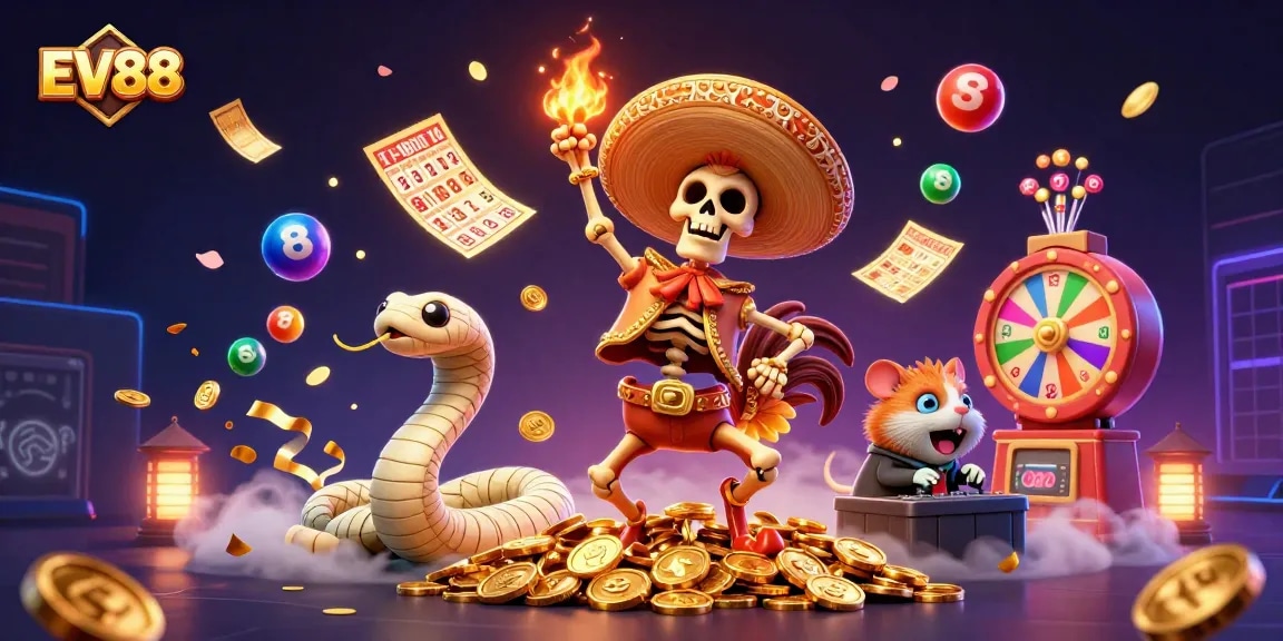 EV88 showcases a 3D cartoon scene celebrating wins with vibrant characters and exciting gambling elements.