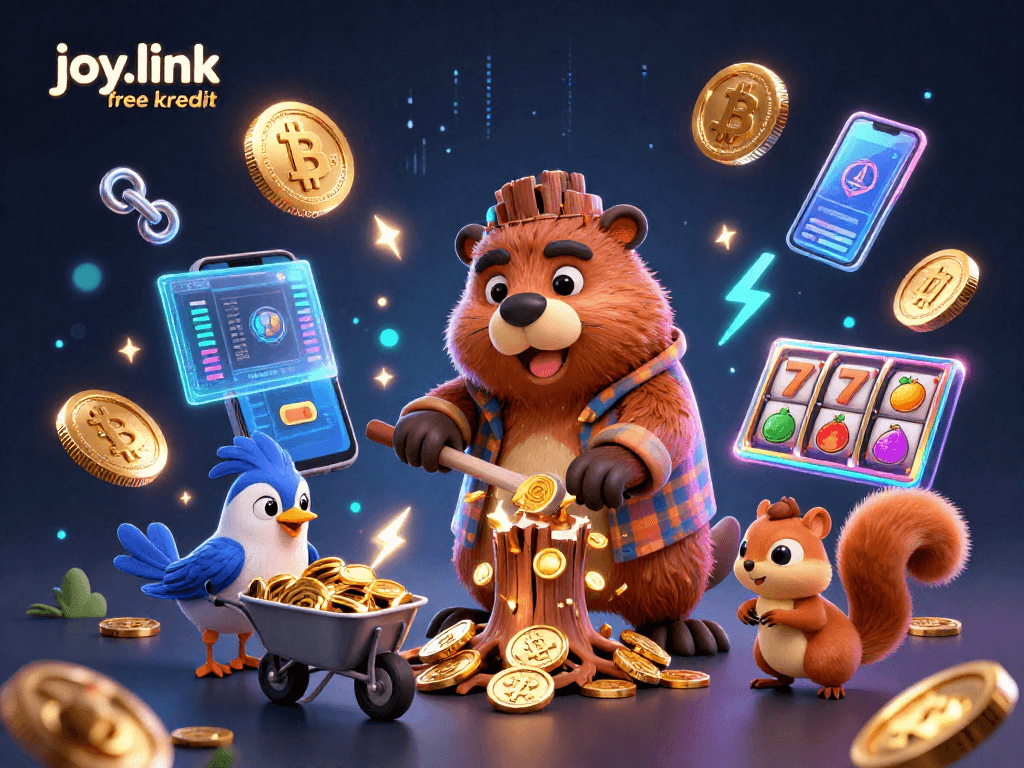 Experience joy.link free kredit in this vibrant 3D casino scene with animated characters collecting coins.