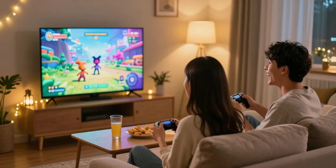 Couple enjoying an adult game together in a cozy living room atmosphere.