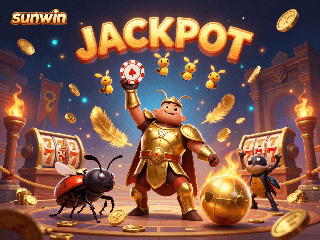Experience the excitement of sunwin with a victorious beetle lifting a poker chip, vibrant casino elements around.
