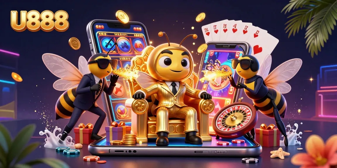 U888 captivates with a dynamic 3D illustration of a cartoon mob boss in a casino throne room filled with games.