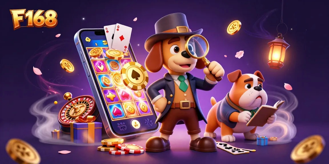 Experience the excitement of F 168 with a detective uncovering casino treasures amid vibrant slot games.