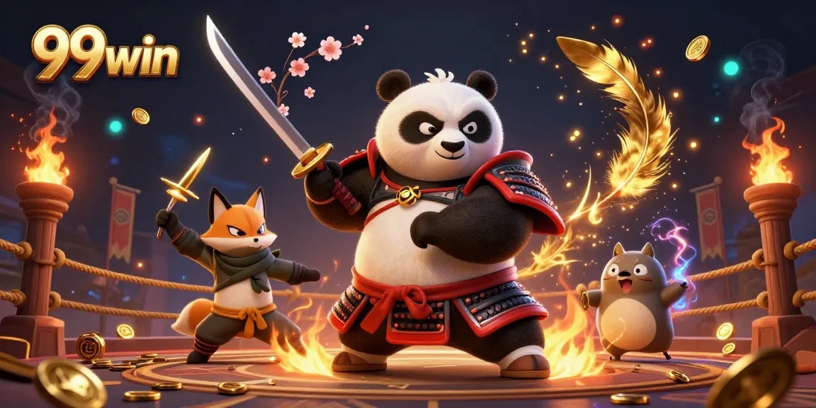 Engage in thrilling gameplay at 99win with a dynamic 3D casino scene featuring a fierce samurai panda and a ninja fox.
