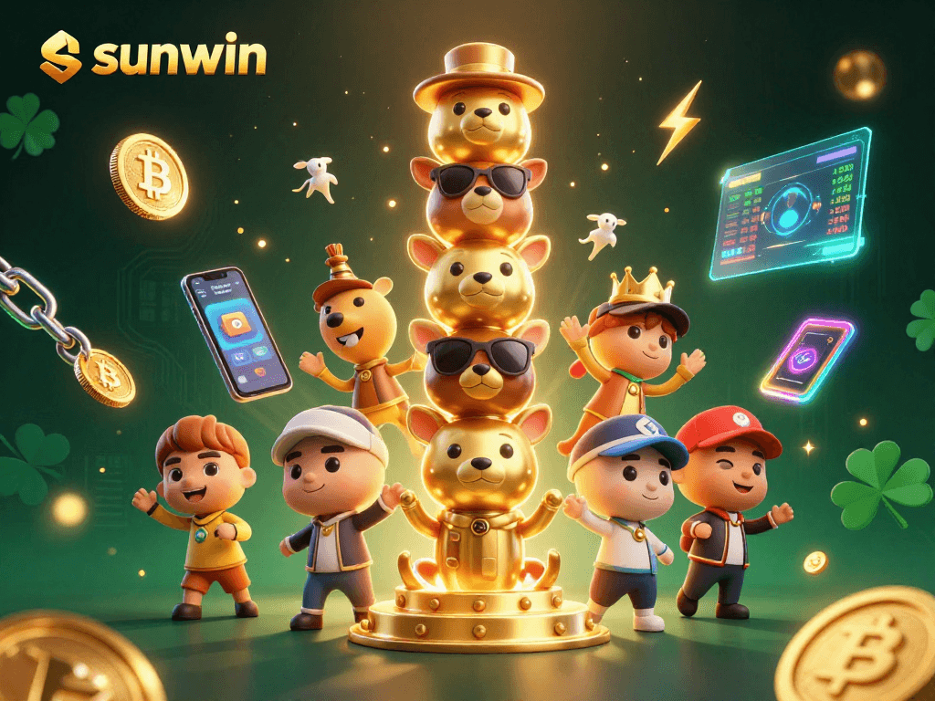 Win big at sunwin with a vibrant 3D casino scene featuring cryptocurrency elements and animated totem characters.