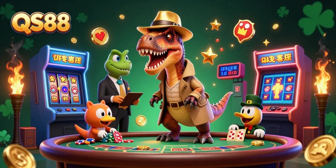 Get ready to win big with QS88 at a vibrant blackjack table, featuring a sneaky velociraptor and a vigilant pit boss.