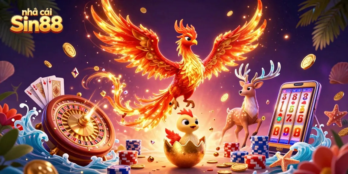 Experience the vibrant world of nhà cái Sin88 with a fiery phoenix, golden coins, and exciting game elements.