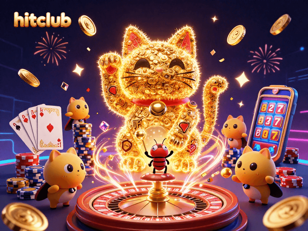 Engage with the hitclub portal of luck as golden fireflies animate casino symbols, spinning excitement.