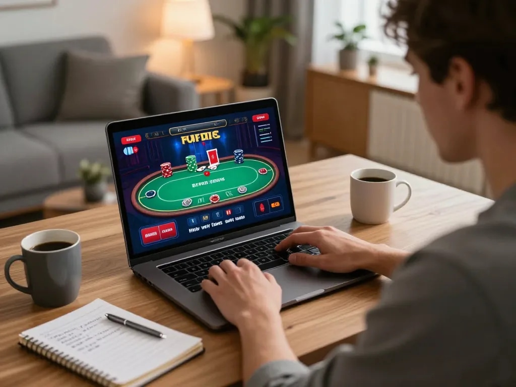 Player engaging in online poker at home using MM88 on a laptop with strategic notes and cozy decor.