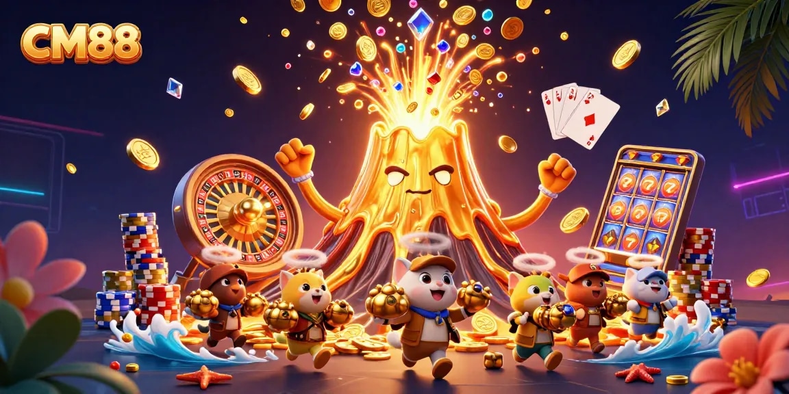 CM88 showcases a triumphant golden volcano erupting coins and gems, symbolizing epic wins in gambling.