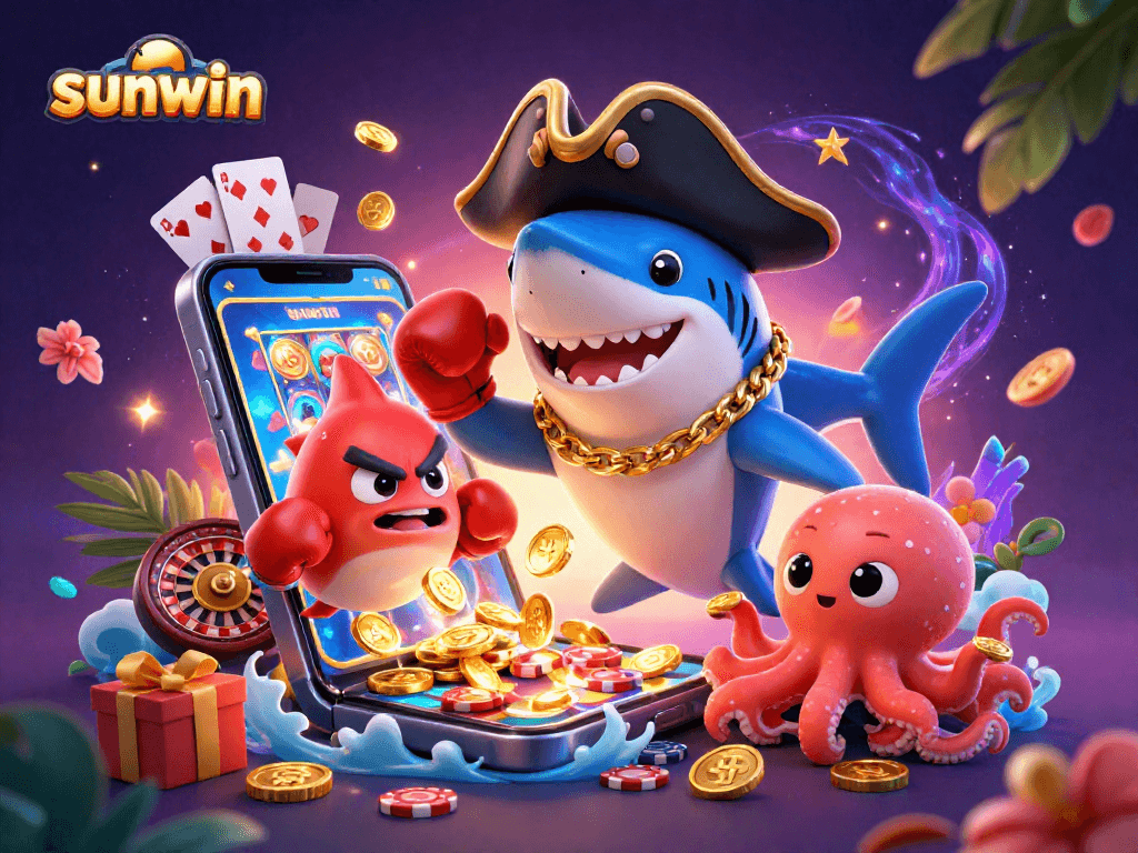 Join the fun with sunwin as playful characters celebrate in a vibrant casino scene filled with games and riches.