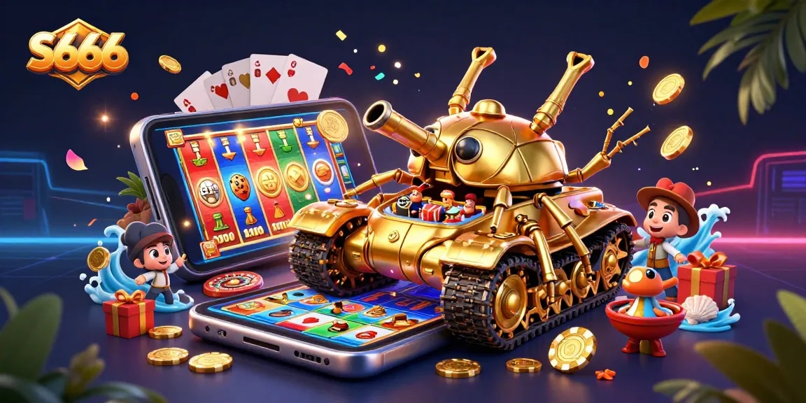 S666 offers a vibrant 3D casino experience with dynamic characters, golden beetle tank, and exciting game elements.