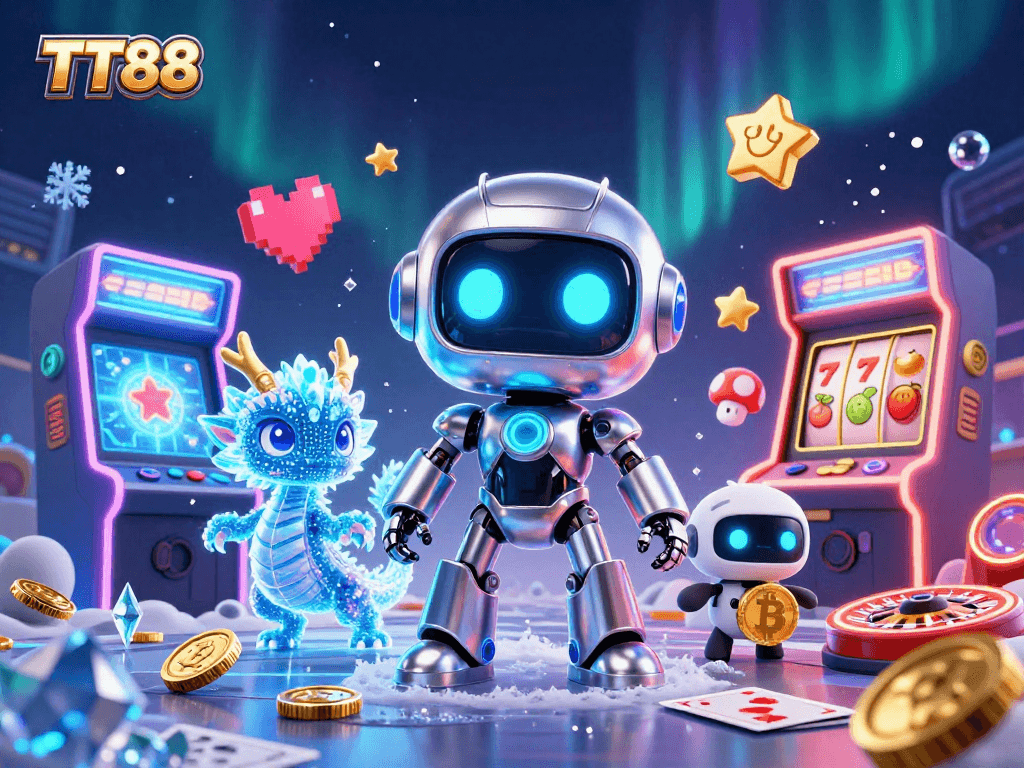 Engage with TT88's vibrant gaming scene featuring a futuristic robot and slot machines.