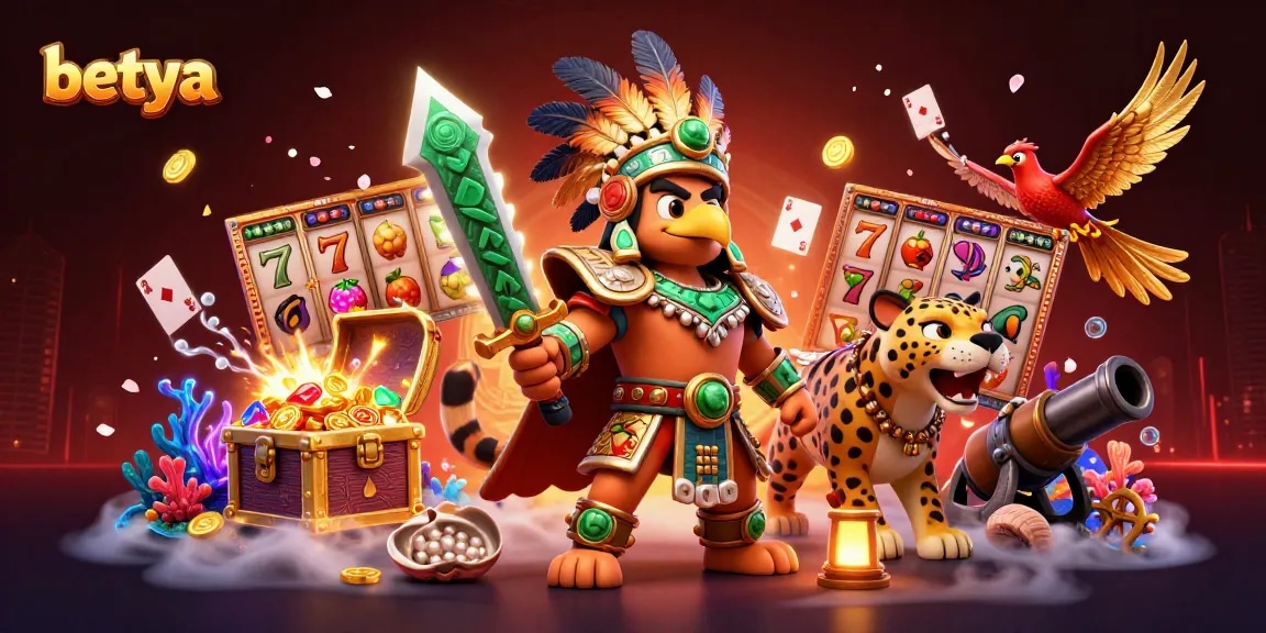 Experience thrilling wins with betya in a vibrant, action-filled casino illustration featuring unique characters.