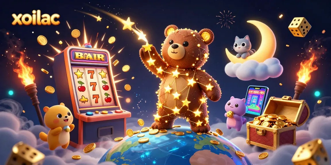Engage with xoilac's vibrant casino world featuring golden stars, overflowing treasures, and dynamic game elements.