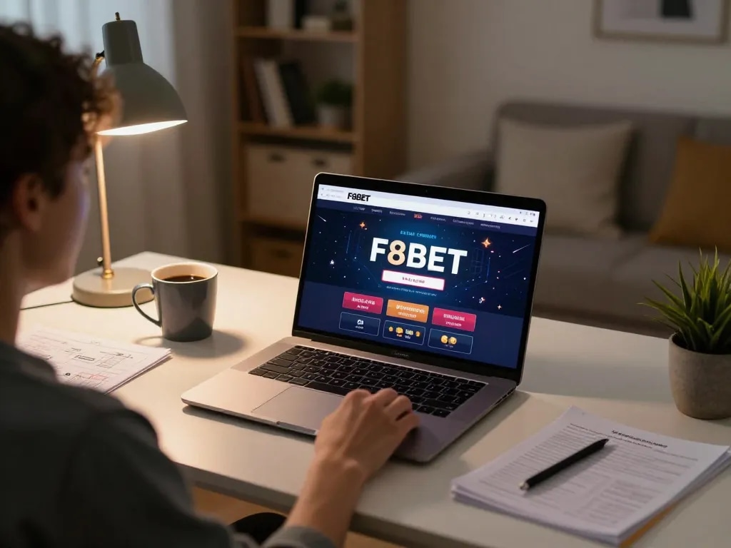 Enjoying F8BET online casino gaming on a laptop at home with strategic notes